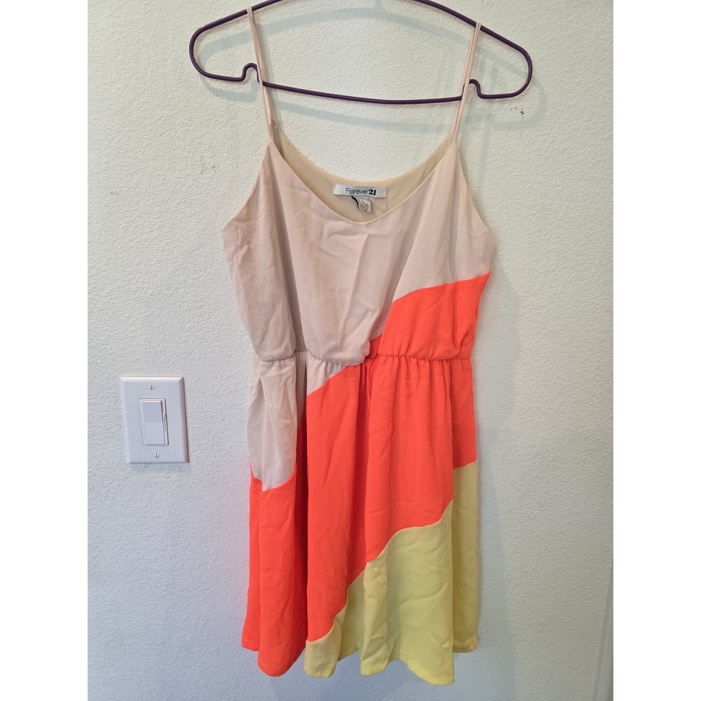 F21 Colorblock Mini Dress Sz M Juniors CoralYellowTan SummerCutie Popsicle Vacay